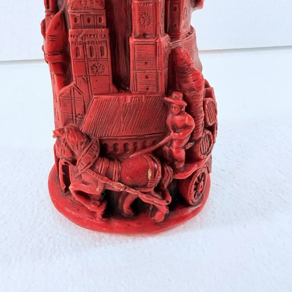 Vintage Munich Germany Relief Carved Pillar Candle Red Architectural NEW Unlit